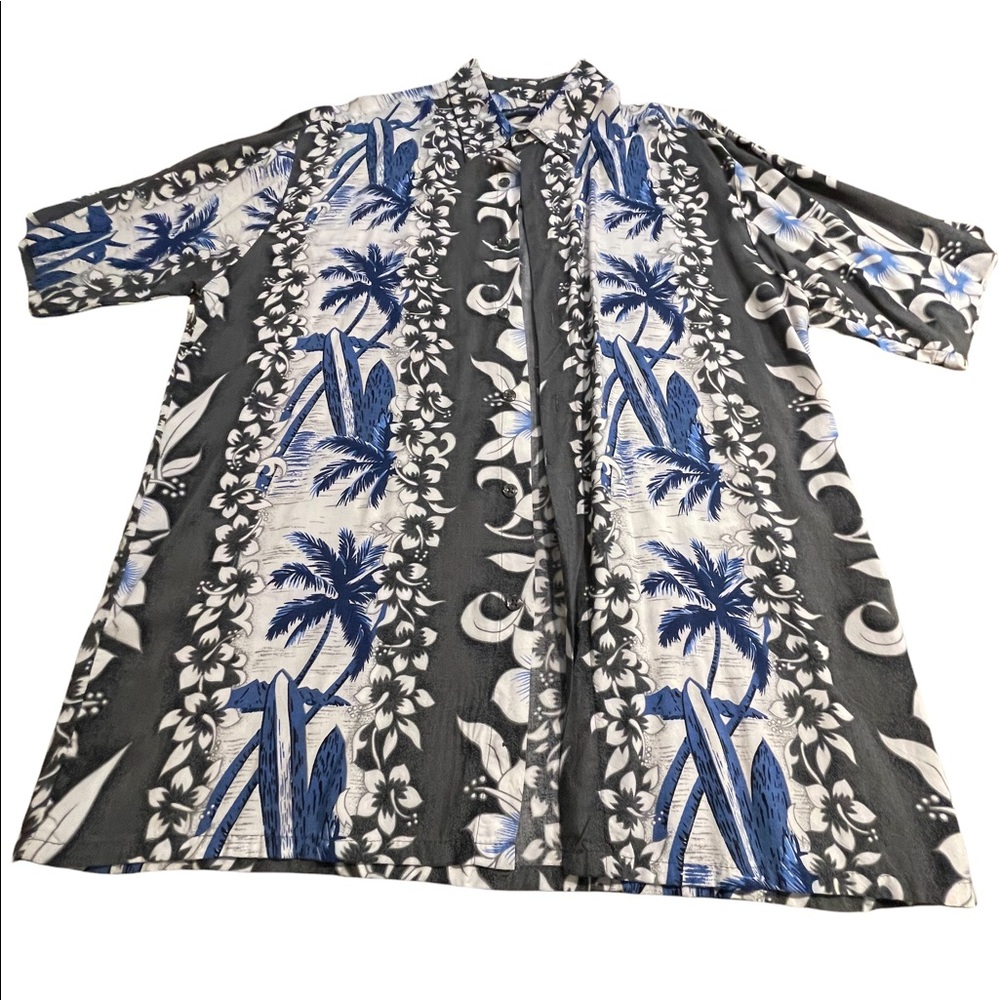 Puritan Hawaiian Aloha Shirt‎ Blue Floral with Surf Boards and Palm Trees…